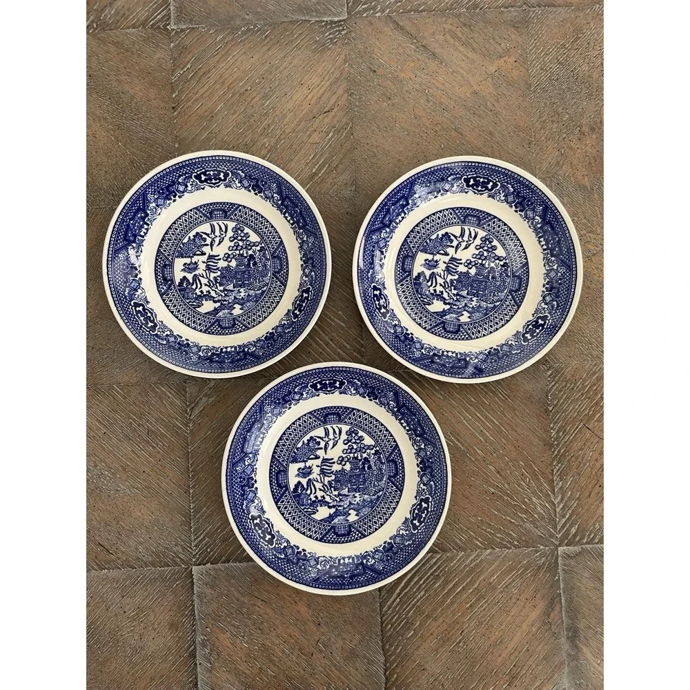 Vtg Willow Ware Blue Willow Transferware 3 Dessert Plates/Saucers 6
